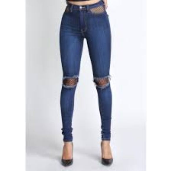 Vibrant Denim - Vibrant high waisted jeans fishnet pockets/knees